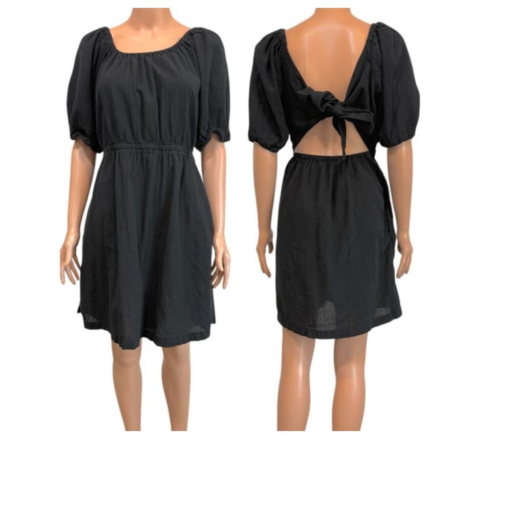 Old Navy large puff sleeve tie back bow cut out mini dress pockets D2 2689